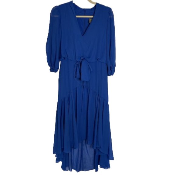 Taylor Elbow Sleeve V-Neck Waist Tie Solid High-Low A-line Chiffon Dress - Picture 7 of 13